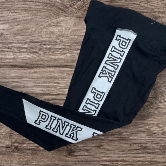 PINK Victoria's Secret Pants - PINK Victoria's Secret Athletic Black Leggings w White Logo Mesh Accent on Legs